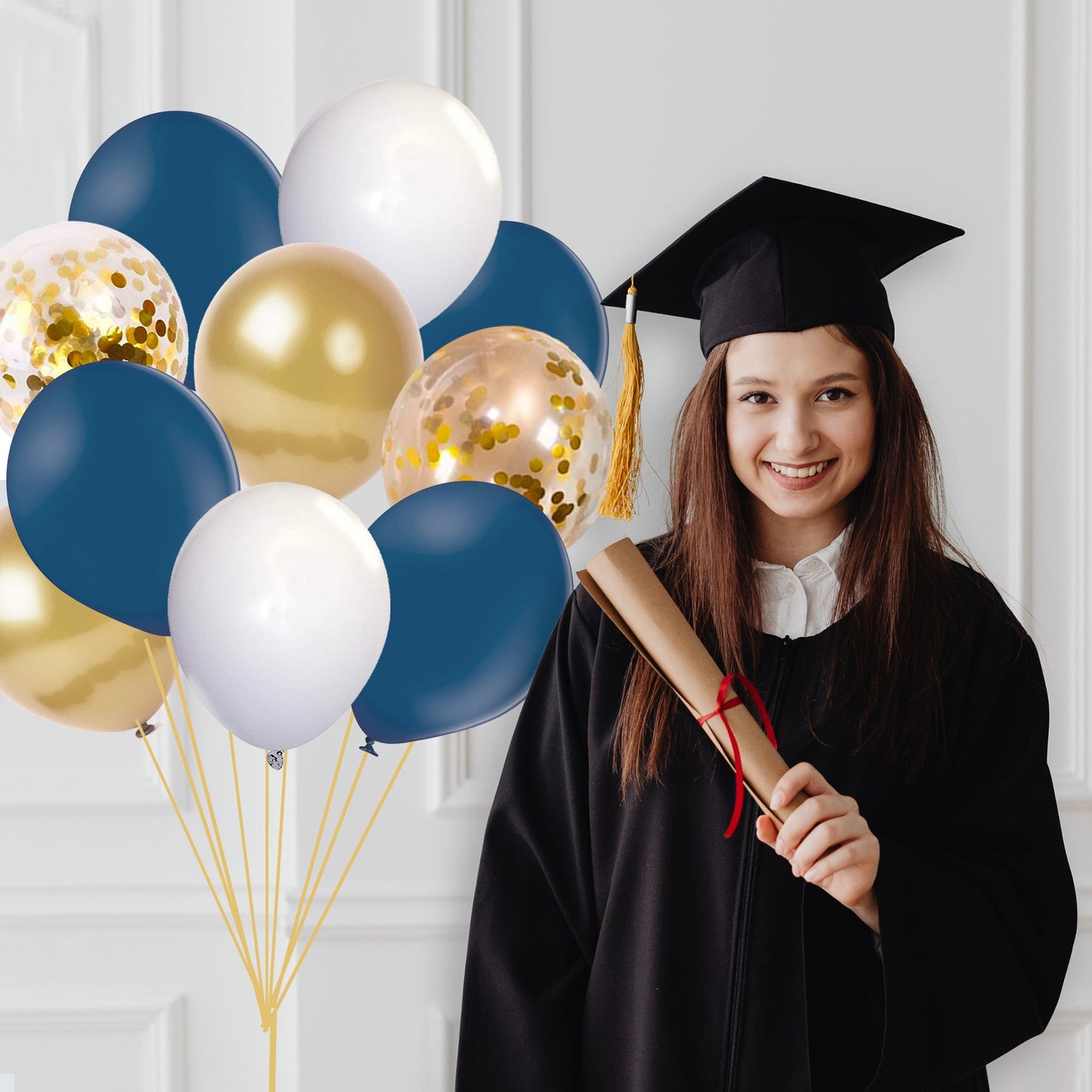 Navy and Gold Graduation 2023 Balloon Bouquet - Ellie's Party Supply