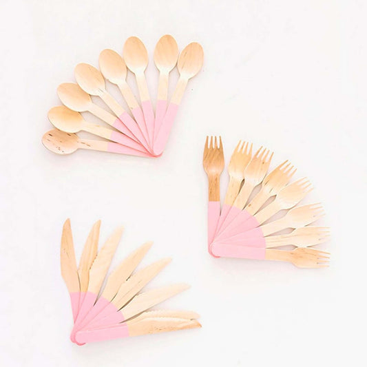 Pastel Pink Wooden Utensils - Spoon, Fork, Knife (Set of 24) - Ellie's Party Supply