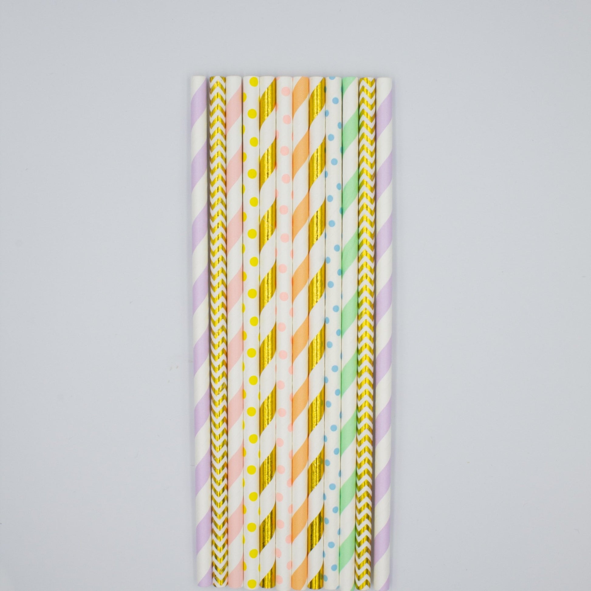 Pastel Rainbow Paper Straws in Pink, Orange, Yellow, Green, Blue, Purple, Gold (Set of 12) - Ellie's Party Supply