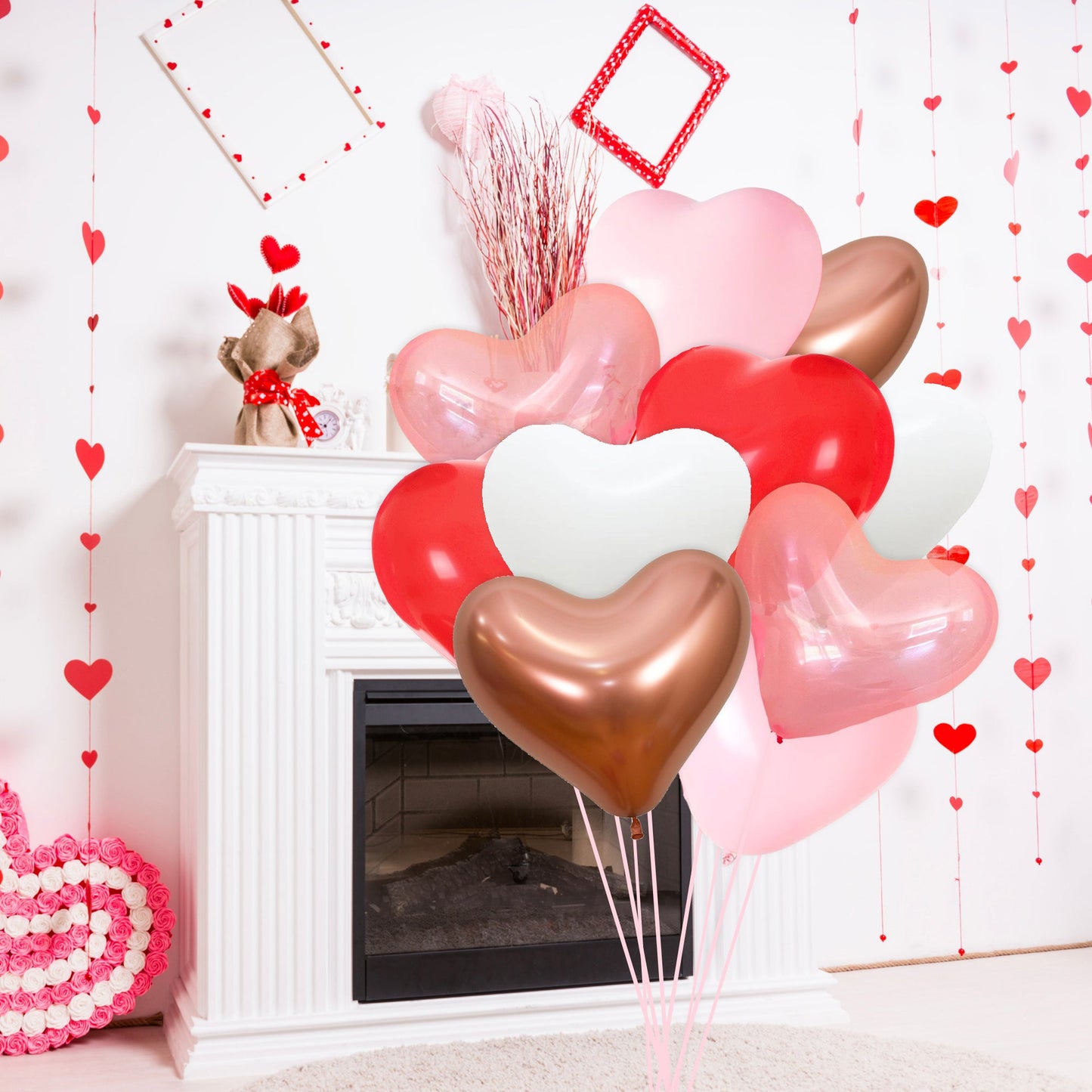 Red, White, Pink, & Rose Gold Heart Shaped Balloon Bouquet (10 Pack) - Ellie's Party Supply