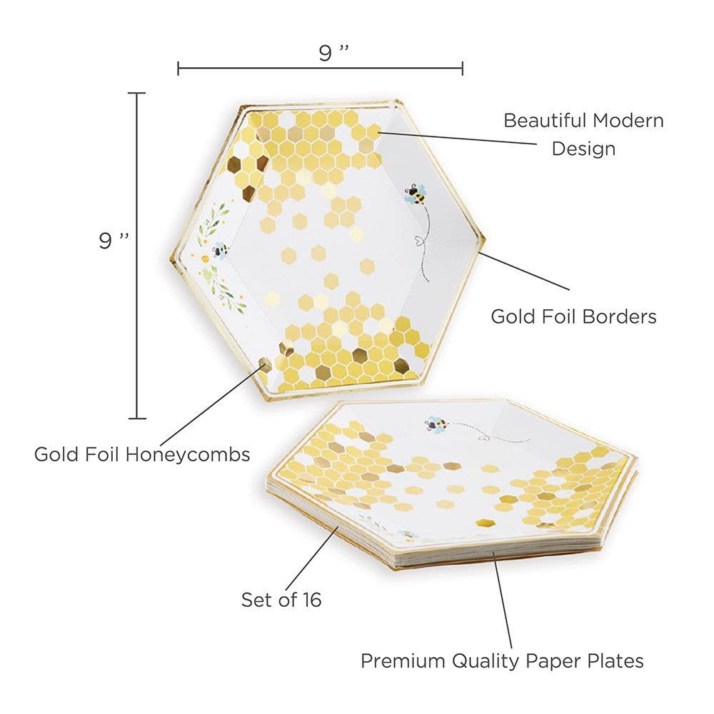 Sweet As Can Bee Honeycomb Large Paper Plates (Set of 16) - Ellie's Party Supply