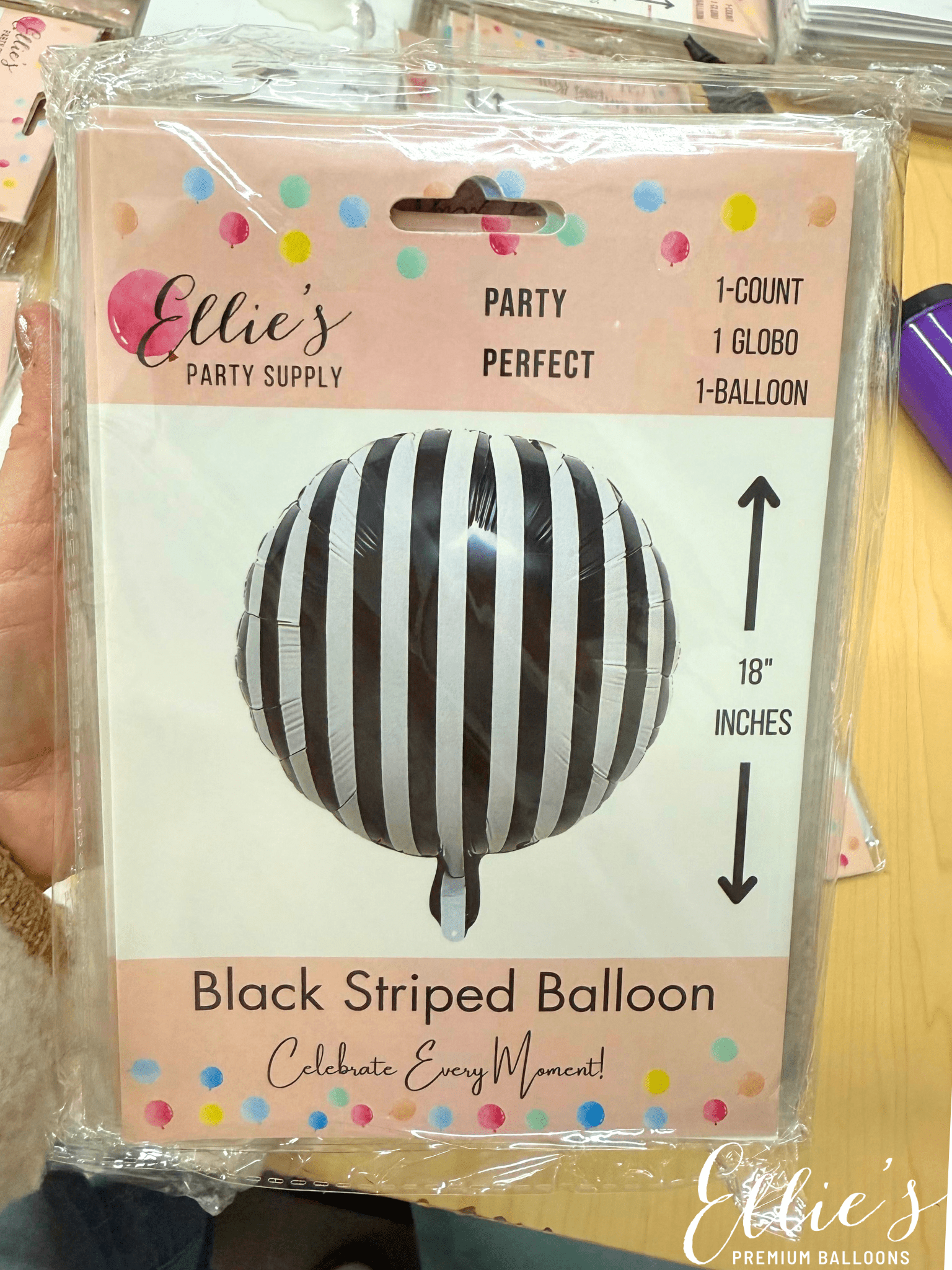 18” Striped Balloon – Black, Blue, Pink, Red, or Yellow - Ellie's Party Supply