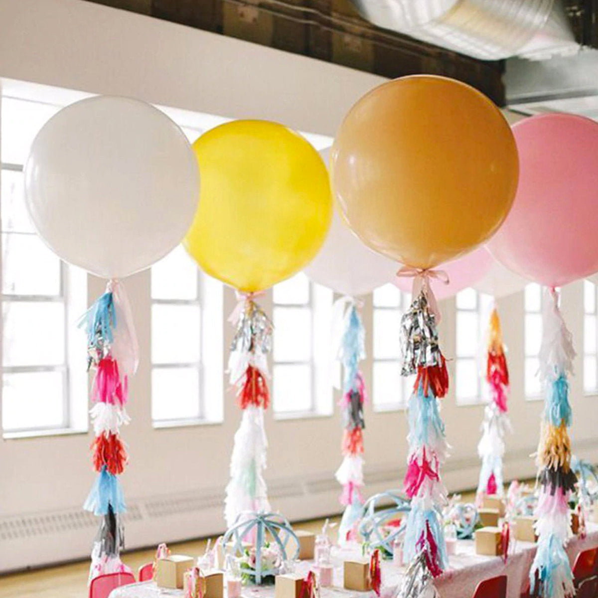 Three 24-inch giant balloons in white, linen and warm greige