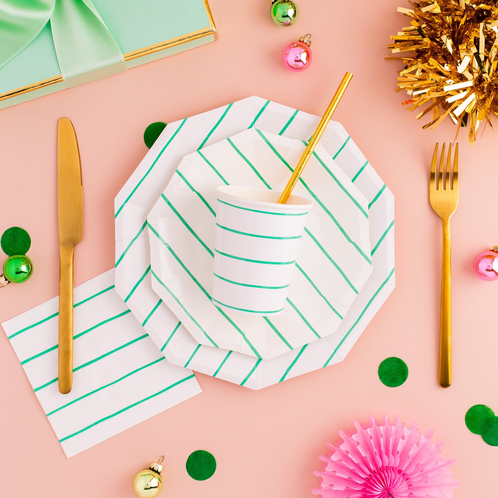 Aqua Green Striped Paper Plates (Set of 8) - Ellie's Party Supply
