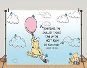 Classic Yellow Bear Backdrop with Pink or Blue Balloon – 5x7 - Ellie's Party Supply