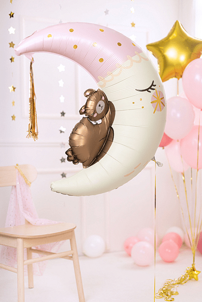 Foil Teddy Bear on the Moon Balloon - Light Pink with Gold Tassel | 28x34 Inches - Ellie's Party Supply
