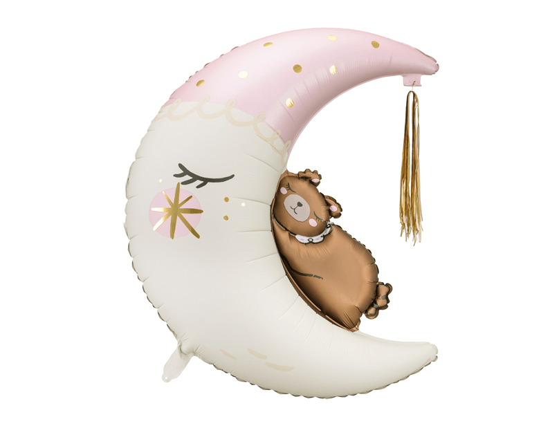 Foil Teddy Bear on the Moon Balloon - Light Pink with Gold Tassel | 28x34 Inches - Ellie's Party Supply