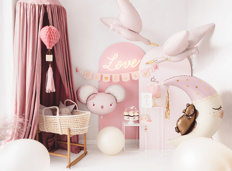 Foil Teddy Bear on the Moon Balloon - Light Pink with Gold Tassel | 28x34 Inches - Ellie's Party Supply