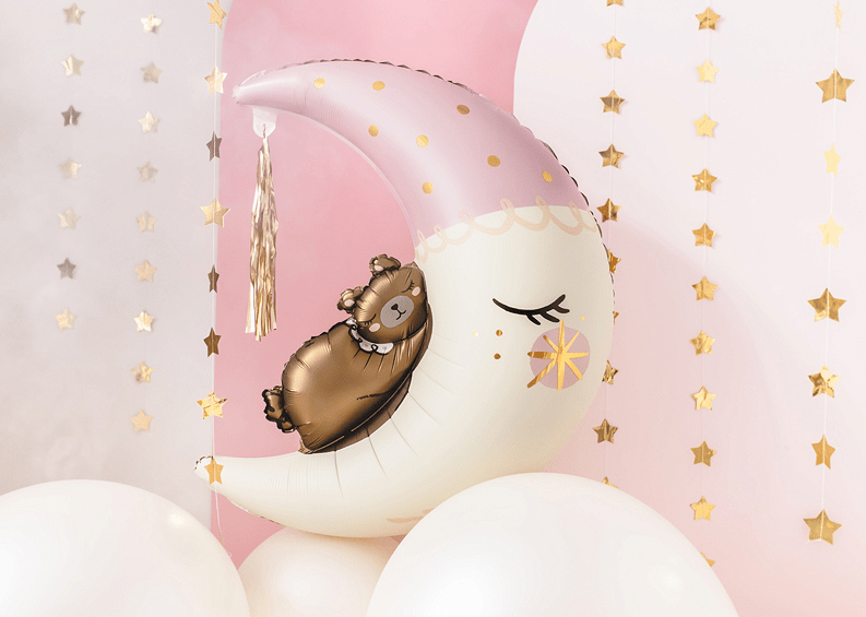 Foil Teddy Bear on the Moon Balloon - Light Pink with Gold Tassel | 28x34 Inches - Ellie's Party Supply