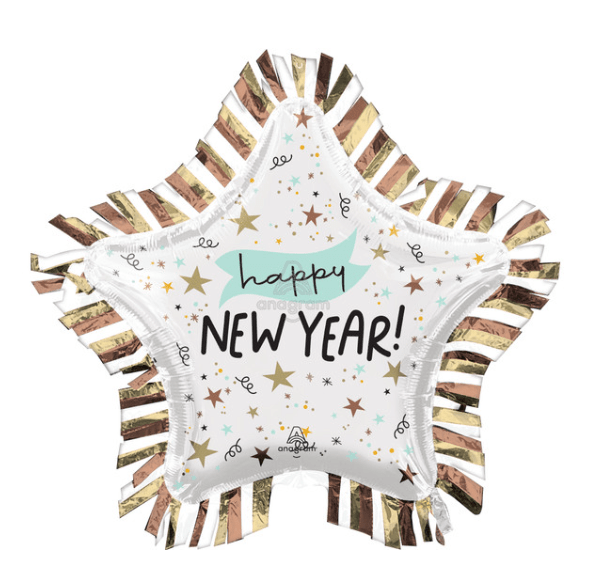 Happy New Year Star Foil Balloon – 28" Fringe Edge - Ellie's Party Supply
