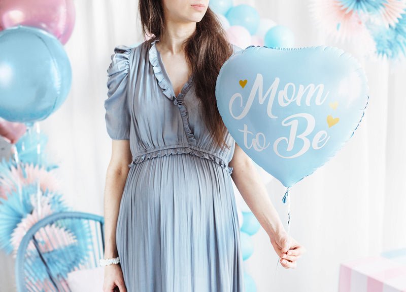 Mom to Be Heart Foil Balloon - Pink or Blue with Gold Metallic Print | 14 Inches - Ellie's Party Supply