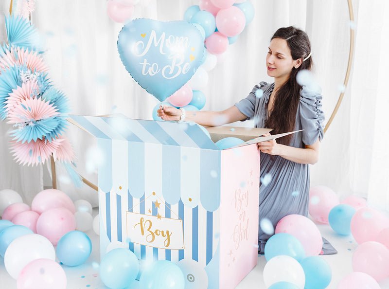 Mom to Be Heart Foil Balloon - Pink or Blue with Gold Metallic Print | 14 Inches - Ellie's Party Supply
