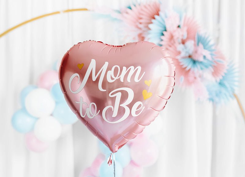 Mom to Be Heart Foil Balloon - Pink or Blue with Gold Metallic Print | 14 Inches - Ellie's Party Supply