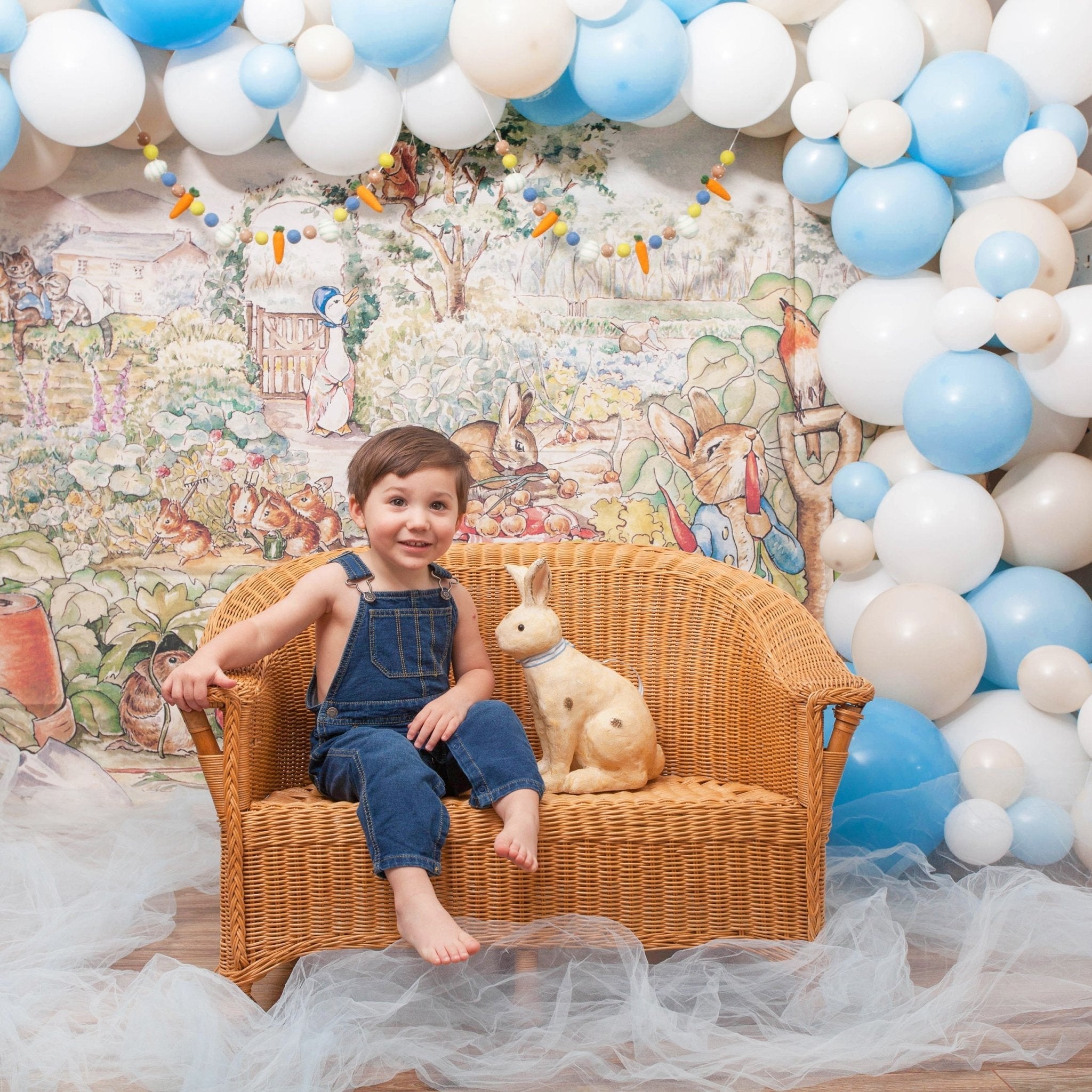 Storybook Rabbit 15ft balloon garland kit in pastel blue, linen and white