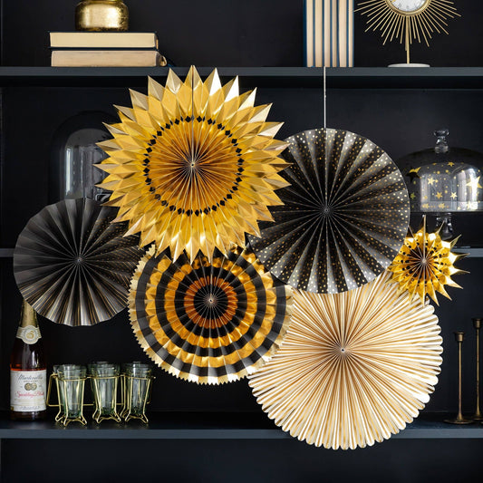 Black and Gold Holiday Paper Fans (Set of 6) - Ellie's Party Supply