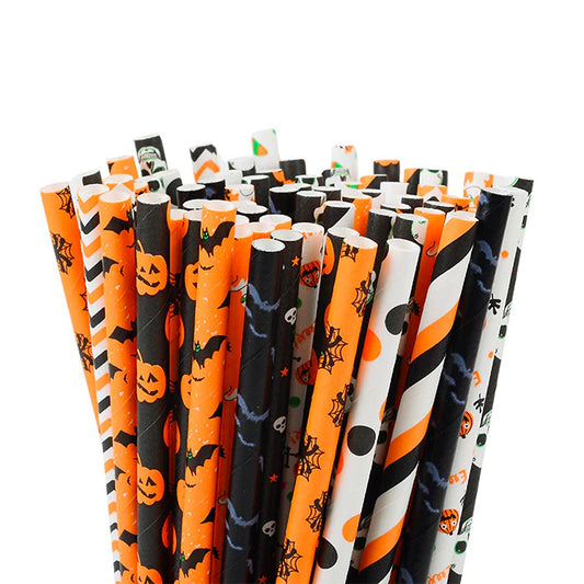 Black, Orange, & White Halloween Icon Paper Straws (Set of 24) - Ellie's Party Supply