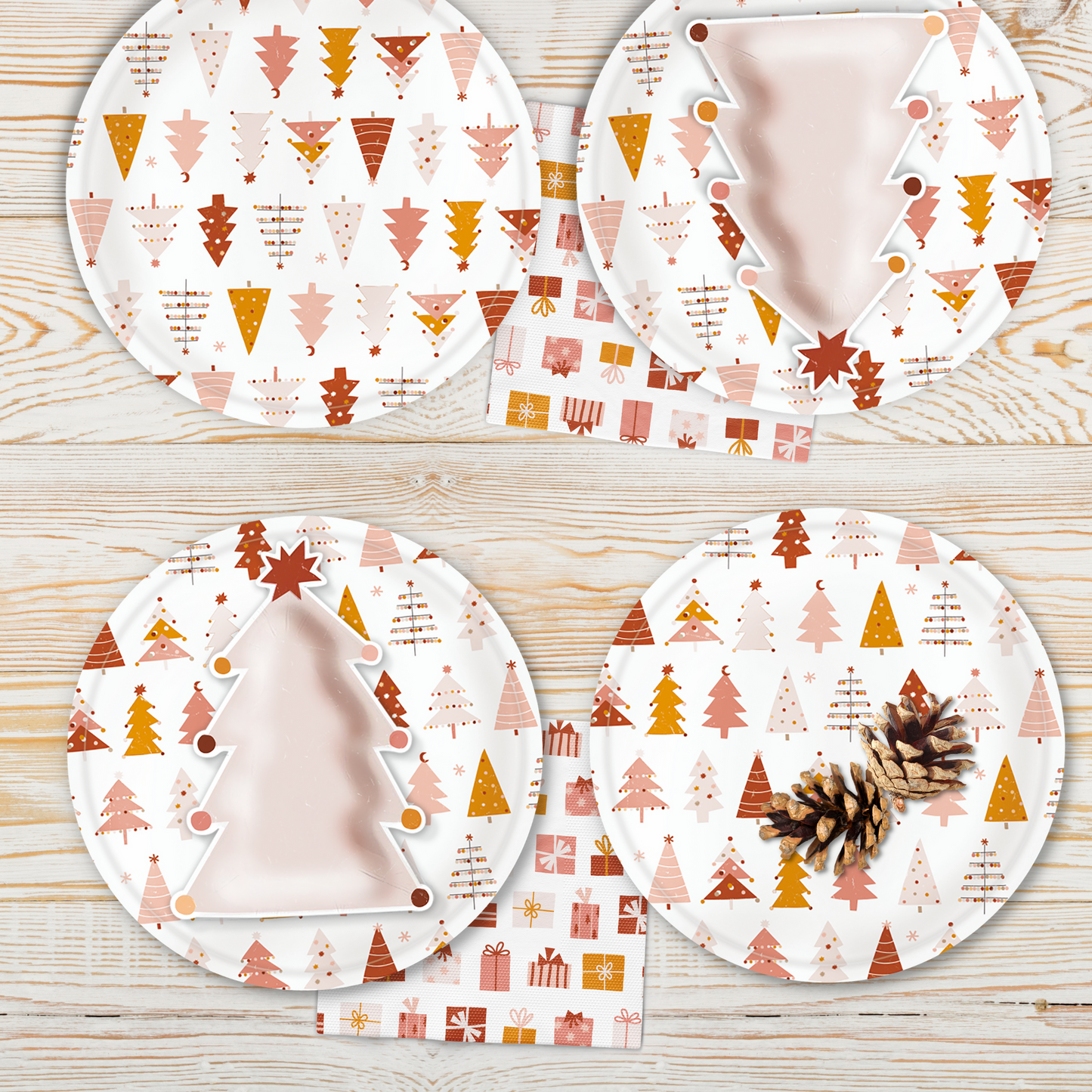 Boho Pink Christmas Tree Shaped Paper Plates (Set of 8)