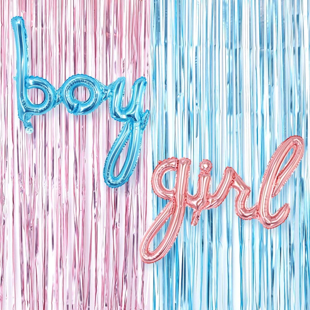 Gender Reveal Blue & Pink Fringe Backdrop With Boy & Girl Balloons - Ellie's Party Supply