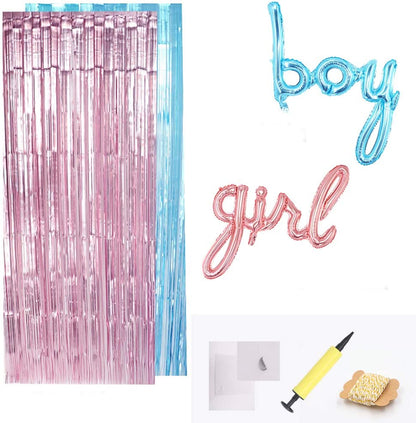 Gender Reveal Blue & Pink Fringe Backdrop With Boy & Girl Balloons - Ellie's Party Supply