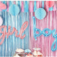 Gender Reveal Blue & Pink Fringe Backdrop With Boy & Girl Balloons - Ellie's Party Supply
