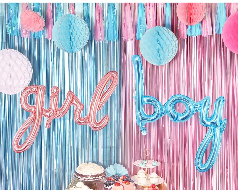 Gender Reveal Blue & Pink Fringe Backdrop With Boy & Girl Balloons - Ellie's Party Supply