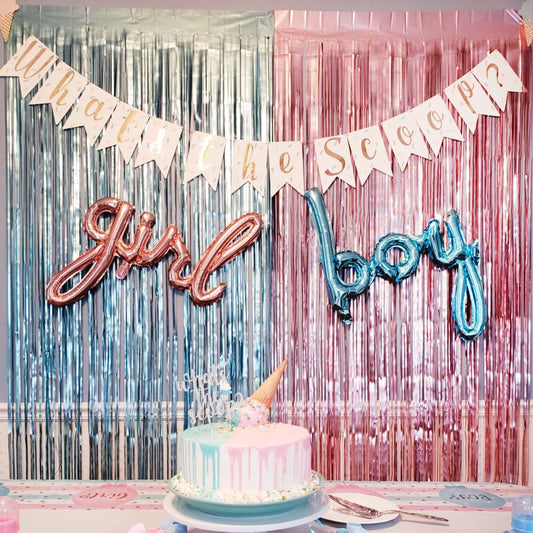 Gender Reveal Blue & Pink Fringe Backdrop With Boy & Girl Balloons - Ellie's Party Supply