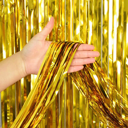 Gold Metallic Fringe Tinsel Curtain Backdrop - Ellie's Party Supply