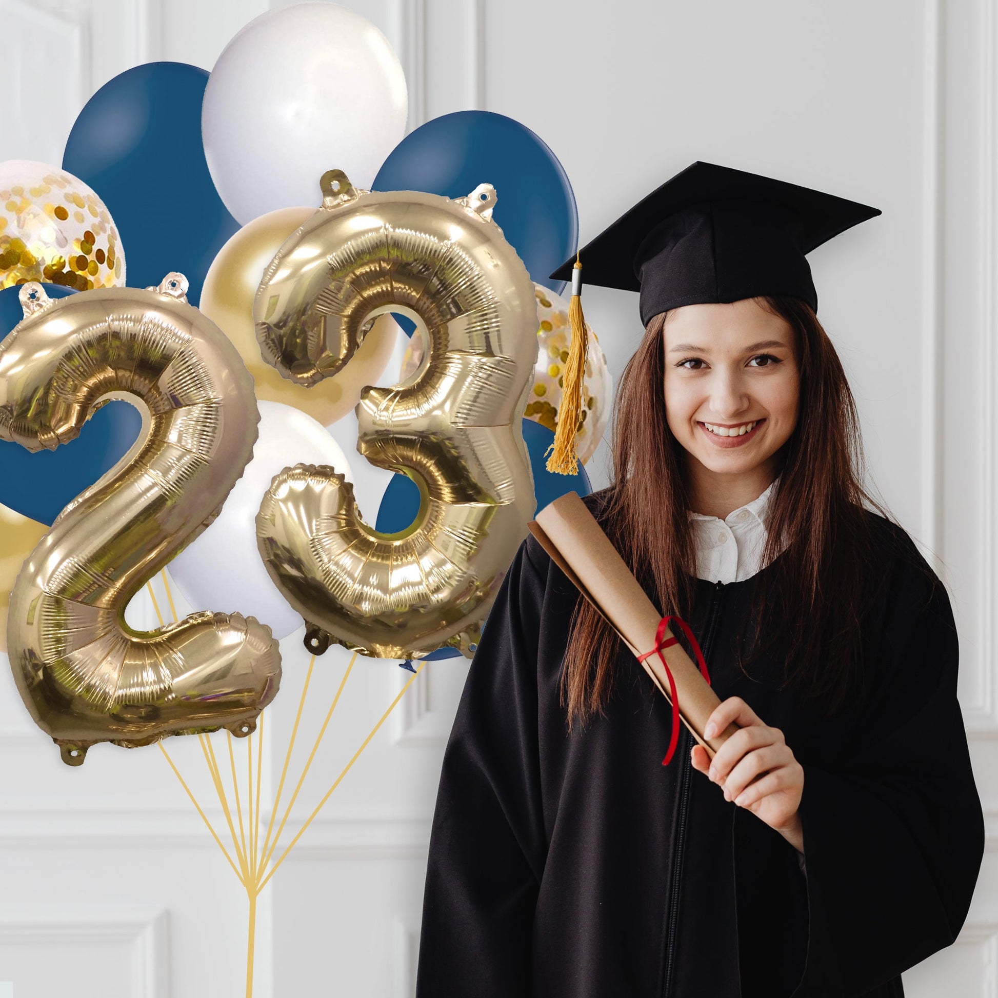 Navy and Gold Graduation 2023 Balloon Bouquet - Ellie's Party Supply