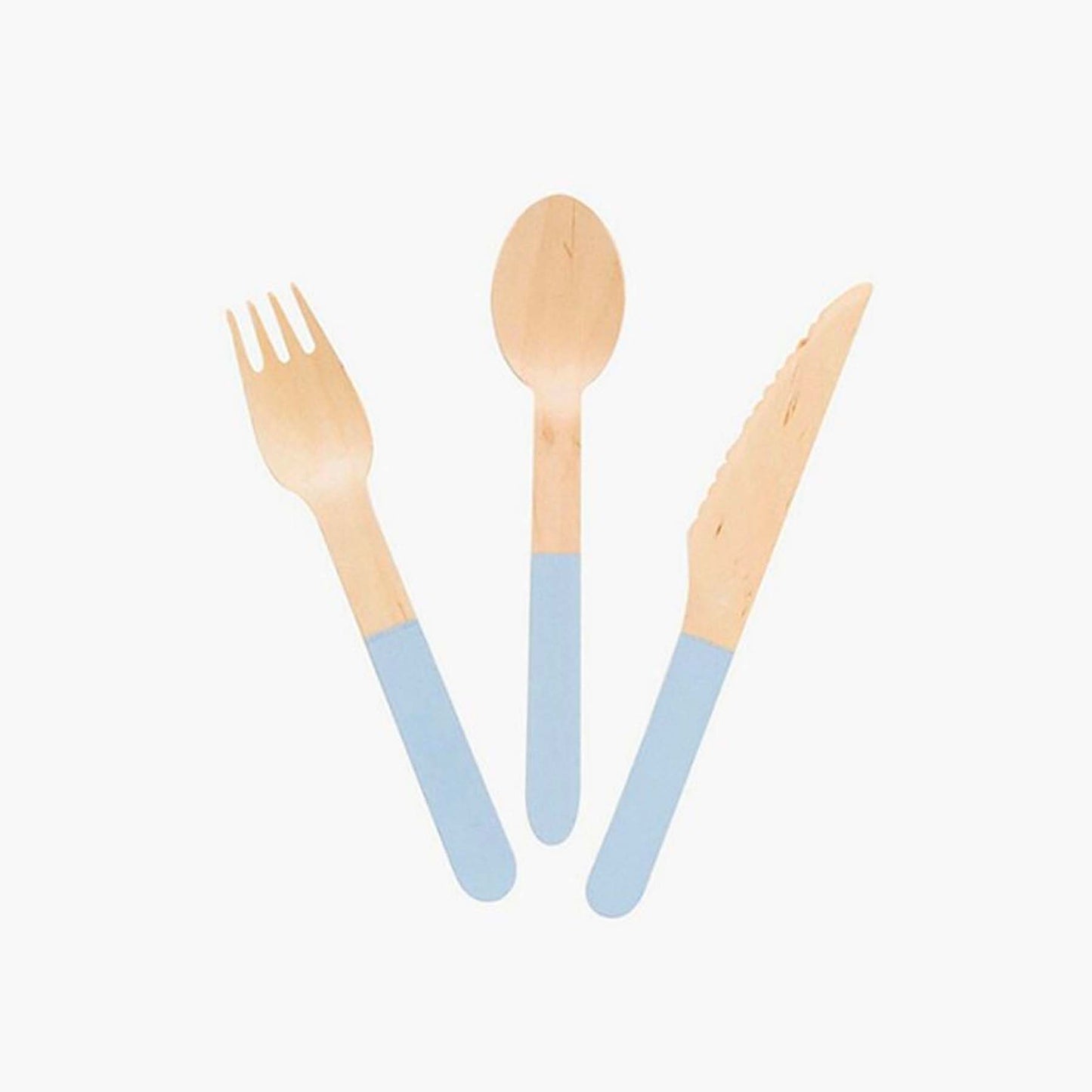Pastel Blue Wooden Utensils - Spoon, Fork, Knife (Set of 24) - Ellie's Party Supply