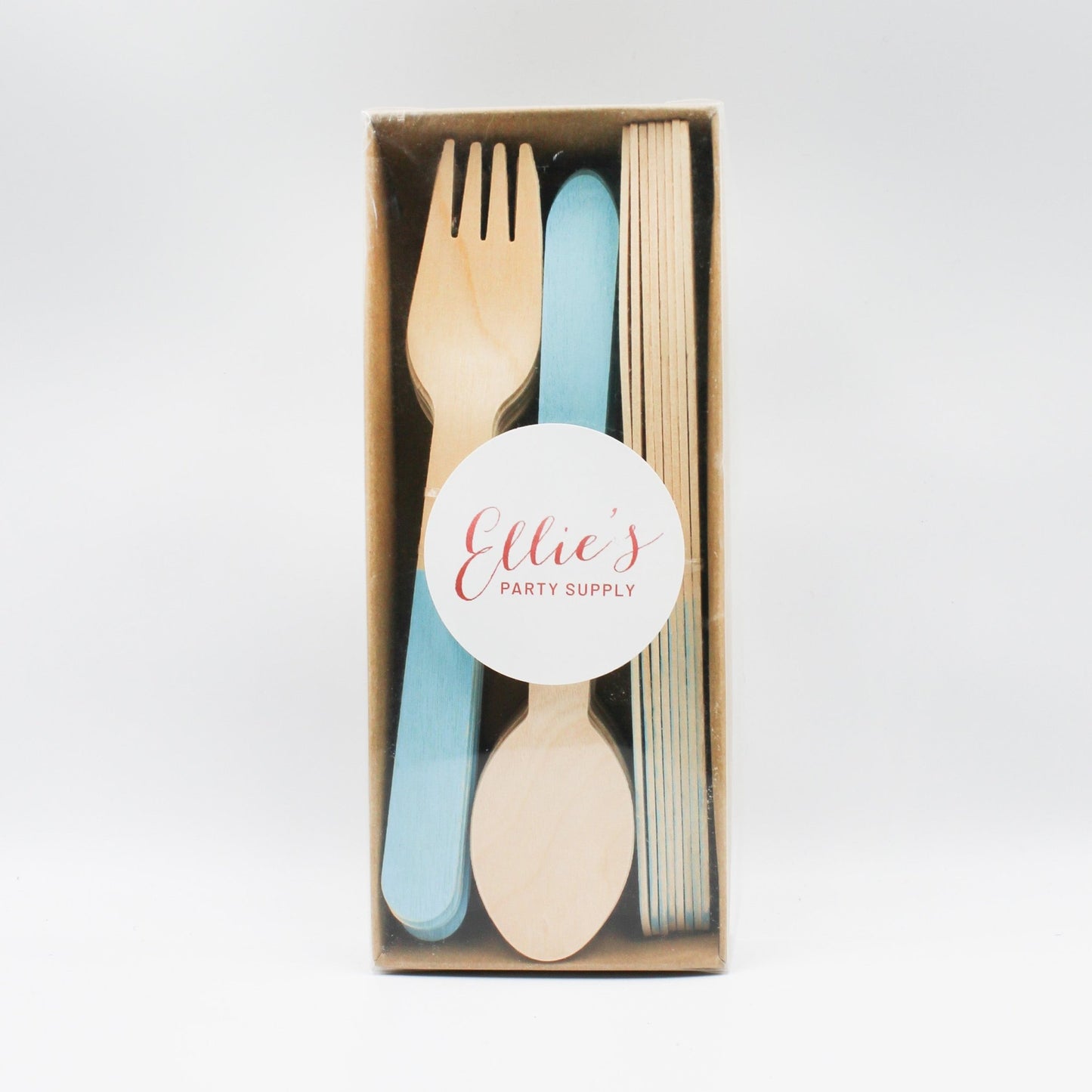 Pastel Blue Wooden Utensils - Spoon, Fork, Knife (Set of 24) - Ellie's Party Supply