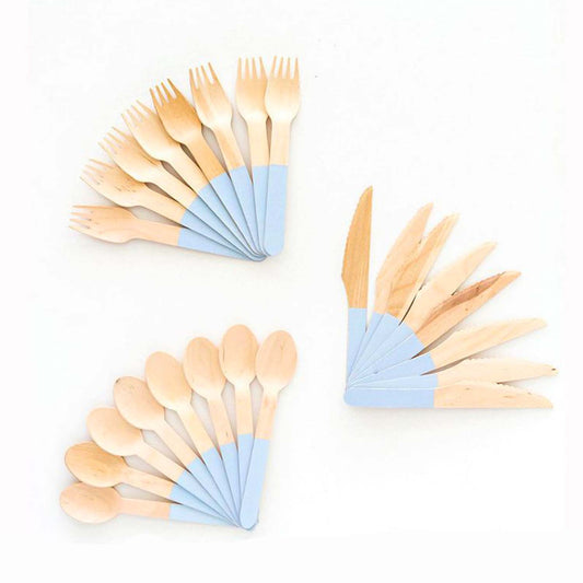 Pastel Blue Wooden Utensils - Spoon, Fork, Knife (Set of 24) - Ellie's Party Supply