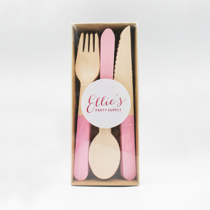 Pastel Pink Wooden Utensils - Spoon, Fork, Knife (Set of 24) - Ellie's Party Supply