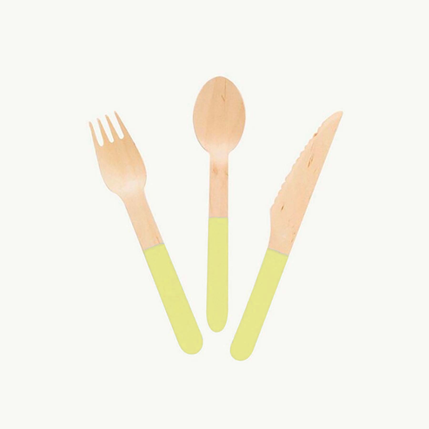 Pastel Yellow Wooden Utensils - Spoon, Fork, Knife (Set of 24) - Ellie's Party Supply