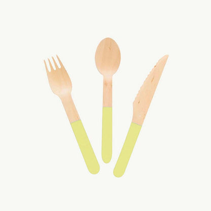 Pastel Yellow Wooden Utensils - Spoon, Fork, Knife (Set of 24) - Ellie's Party Supply