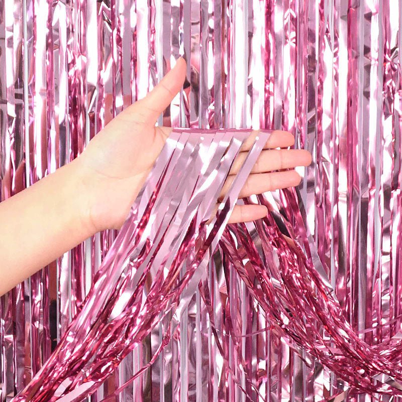 Pink Metallic Fringe Tinsel Curtain Backdrop - Ellie's Party Supply
