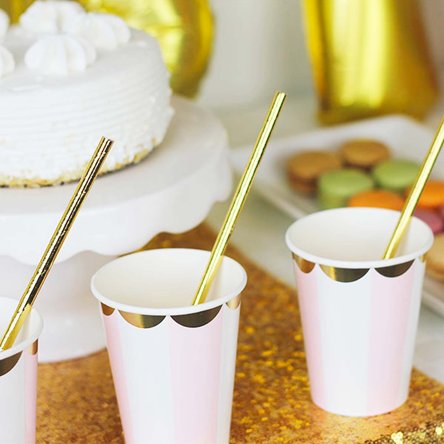 Pink Striped Paper Cups With Gold Detail (Set of 8) - Ellie's Party Supply