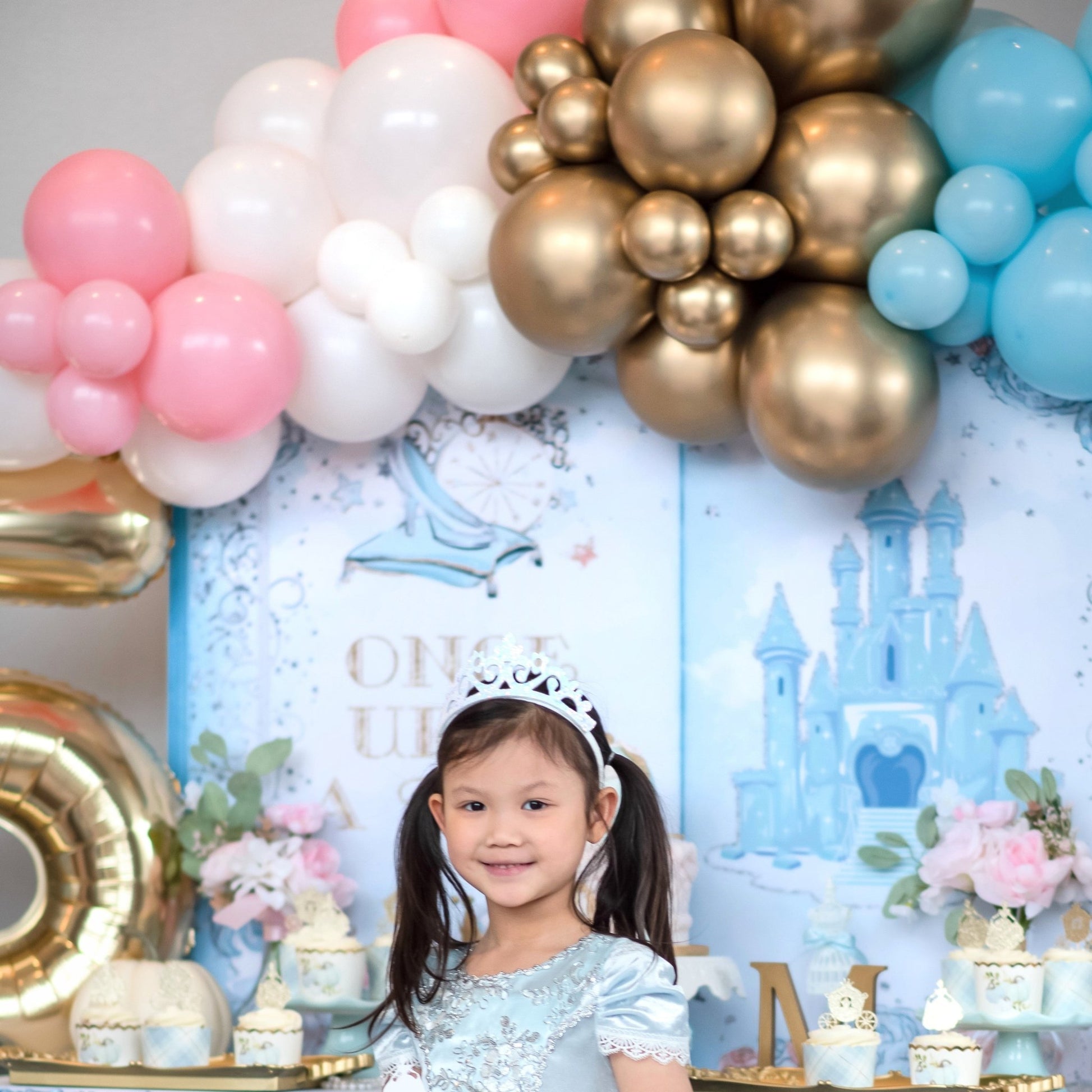 Princess Balloon Arch - Pink Blue White Gold Balloon Garland Kit - Ellie's Party Supply