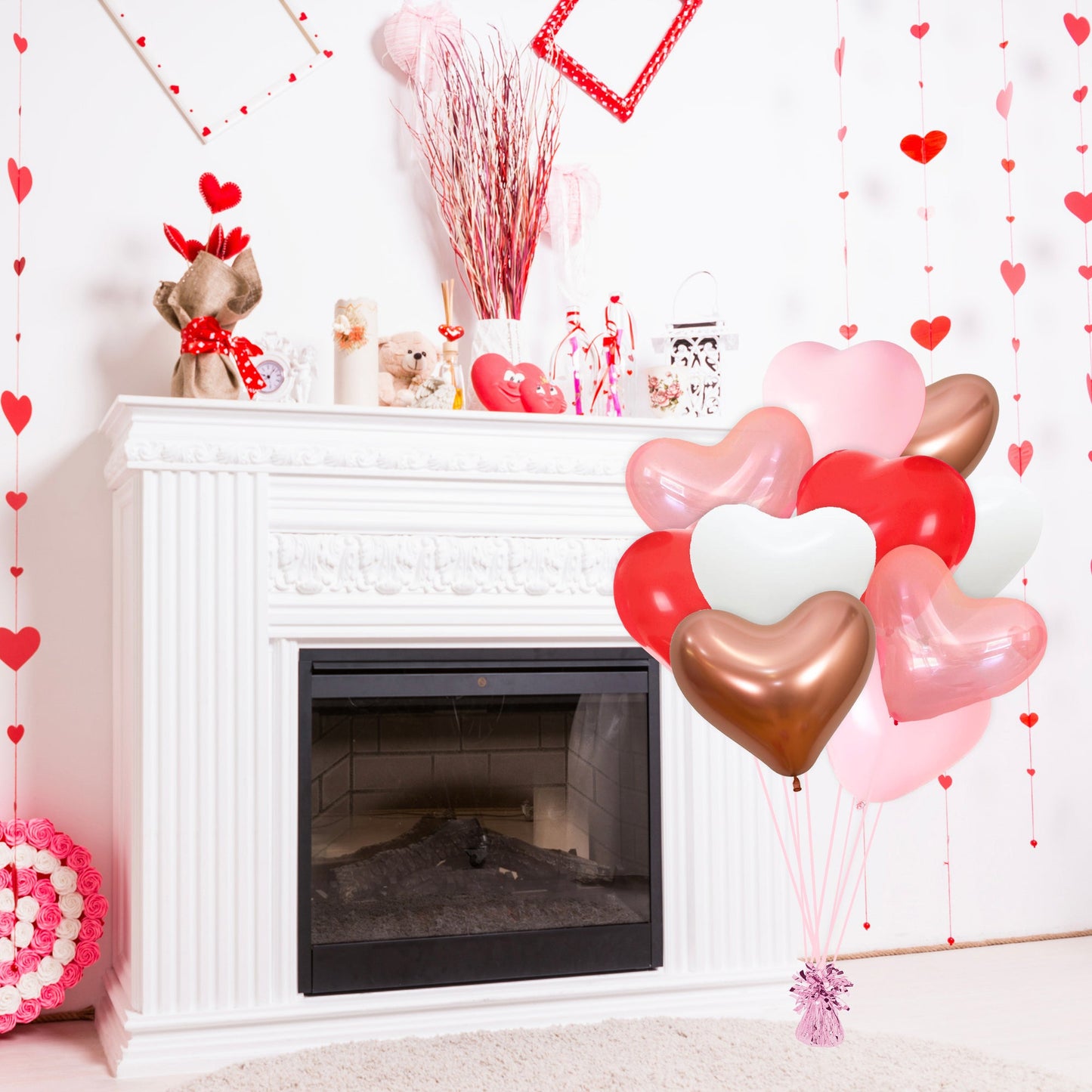 Red, White, Pink, & Rose Gold Heart Shaped Balloon Bouquet (10 Pack) - Ellie's Party Supply