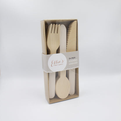 White Wooden Utensils - Spoon, Fork, Knife (Set of 24) - Ellie's Party Supply