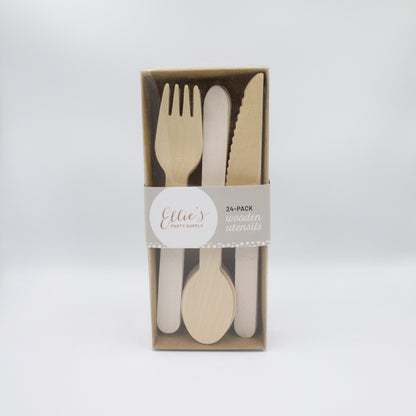 White Wooden Utensils - Spoon, Fork, Knife (Set of 24) - Ellie's Party Supply